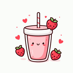 Strawberry smoothie in a cute kawaii cartoon style with strawberries and hearts, Vector illustration, generative ai