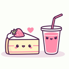 Cute kawaii strawberry cake and milkshake with a heart, vector illustration, bakery icon design, generative ai