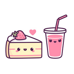 Cute kawaii strawberry cake and milkshake with a heart, vector illustration, bakery icon design, generative ai