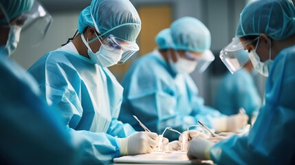 Surgeons performing a surgery in an operating room - obrazy, fototapety, plakaty