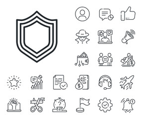 Protection or Security sign. Salaryman, gender equality and alert bell outline icons. Shield line icon. Defence or Guard symbol. Security line sign. Spy or profile placeholder icon. Vector