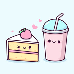 Cute cartoon cake and milkshake with strawberries and hearts, Vector illustration, generative ai