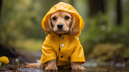 Yellow raincoat puppy in the rainy outdoor