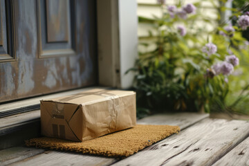 Delivered parcel on door mat near entrance. Generative AI