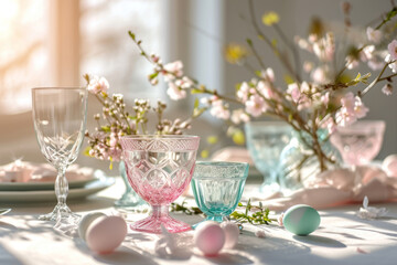 Pastel colored Easter table setting with delicate glassware. Table decor concept. Generative AI - Powered by Adobe