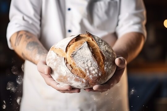Baker holding a freshly baked bread in his hands
