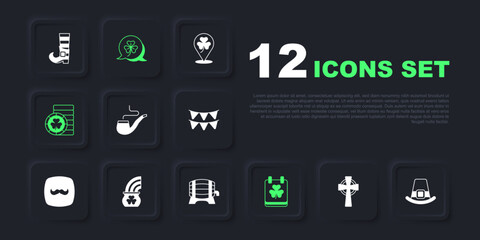 Set Celtic cross, Leprechaun hat, Smoking pipe, Saint Patricks day with calendar, Golden leprechaun coin, Pot of gold rainbow, Clover trefoil leaf and Wooden barrel on rack icon. Vector