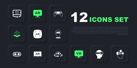 Set Virtual reality glasses, Augmented AR, 3d modeling, and 360 degree view icon. Vector