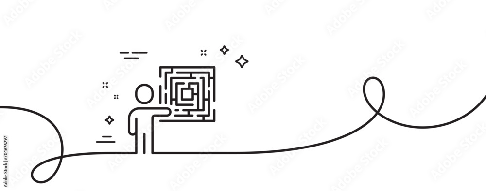 Poster business skill line icon. continuous one line with curl. person with maze sign. solution labyrinth s