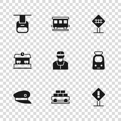 Set Cargo train wagon, Train and railway, Exclamation mark square, conductor, Railroad crossing, Cable car, Passenger cars and Railway station icon. Vector - obrazy, fototapety, plakaty