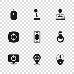 Set Power button, Bottle with magic elixir, Computer mouse, Mobile gaming, Joystick for arcade machine, Gear shifter and Target sport icon. Vector