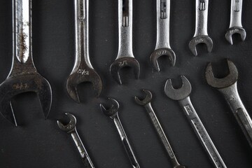 Various type of hand tools such as open, ring and ratchet spanner, wrench, sockets, and deep...