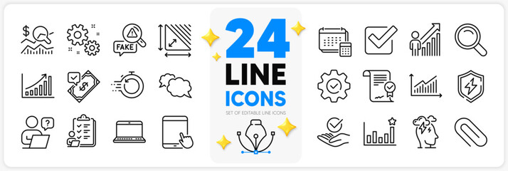 Icons set of Efficacy, Account and Execute line icons pack for app with Check investment, Fake news, Approved agreement thin outline icon. Online question, Checklist, Paper clip pictogram. Vector