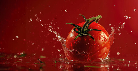 Tomatoes with splashes of water on a red background, panorama