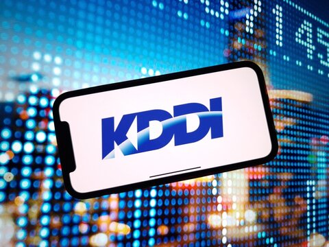 Konskie, Poland - January 07, 2024: KDDI company logo displayed on mobile phone