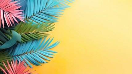 Fototapeta na wymiar Tropical design elevated view of palm leaves on yellow banner background.