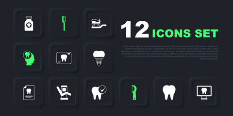 Set Tooth, Online dental care, X-ray of tooth, Dental floss, Toothache, Medical chair, Toothbrush and icon. Vector