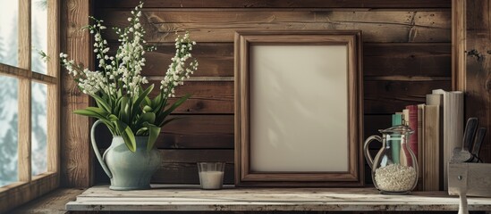 Scene creator with cottage vibes showcasing a wooden photo frame on a board wall, complemented by old books, a deck, table, and a jug filled with lilies of the valley.