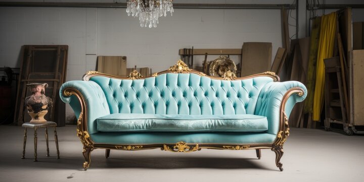Restoring and manufacturing vintage furniture for interior design, including a pastel blue Baroque-style sofa with carriage tie.