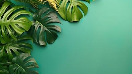 Green tropical monstera leaf background with design space.