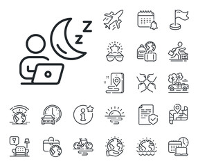 Online insomnia sign. Plane jet, travel map and baggage claim outline icons. Night shift line icon. Dream office symbol. Shift line sign. Car rental, taxi transport icon. Place location. Vector