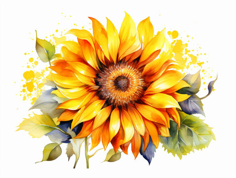 Illustration of yellow watercolor sunflowers bouquet on white