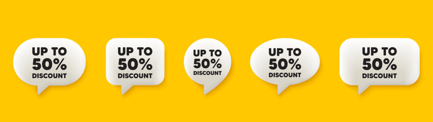 Up to 50 percent discount. 3d chat speech bubbles set. Sale offer price sign. Special offer symbol. Save 50 percentages. Discount tag talk speech message. Talk box infographics. Vector