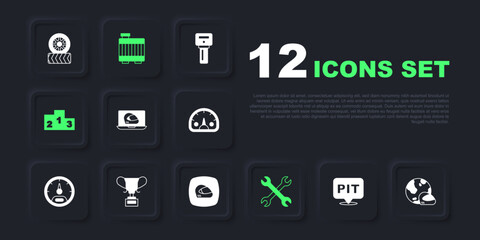 Set Pit stop, Racing helmet, Wrench spanner, Award over sports winner podium, cup, Car radiator cooling system and icon. Vector