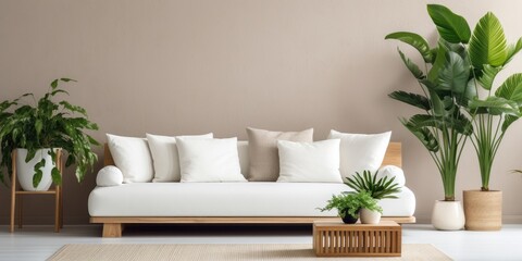 Contemporary living room with white sofa, wooden furnishings, and various indoor plants.