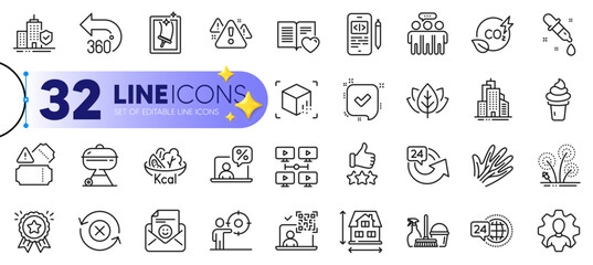 Outline set of Warning, Employees group and Love book line icons for web with Organic tested, Skyscraper buildings, Fireworks thin icon. Reject refresh, Tickets, Window cleaning pictogram icon. Vector