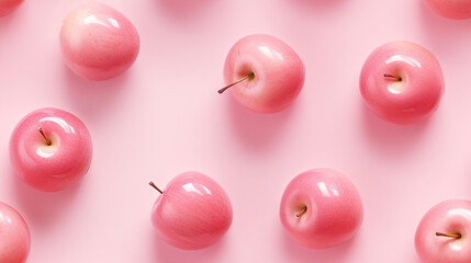 Lacquered glossy apples on pink background. Minimal style. Seamless pattern