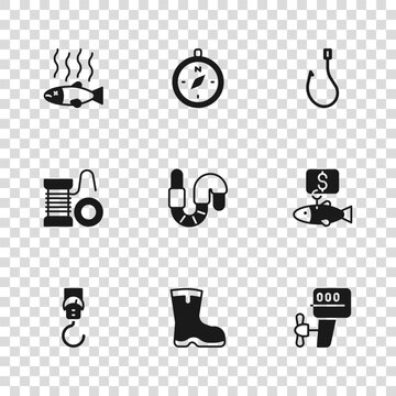 Set Fishing boots, Price tag for fish, Outboard boat motor, Worm, hook, Dead, Compass and Spinning reel fishing icon. Vector