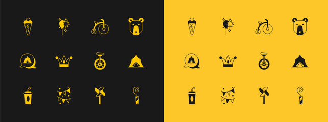 Set Bear head, Carnival garland with flags, Unicycle, Pinwheel toy, Jester hat bells, Vintage bicycle, Ice cream waffle and Balloons ribbon icon. Vector © Iryna