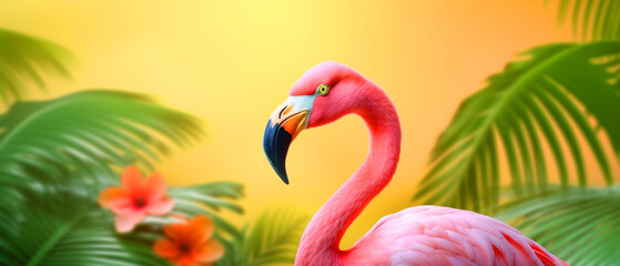 Summer background - pink flamingo and palm tropical leaves and flowers on yellow background