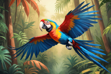 Oil painting style illustration, macaw bird flying in tropical jungle