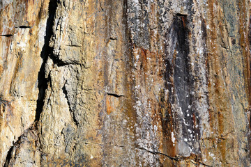 Iron Ore on the wall of a quarry at Tilberthwaite, yellow and ochre tones, Lake District, UK
