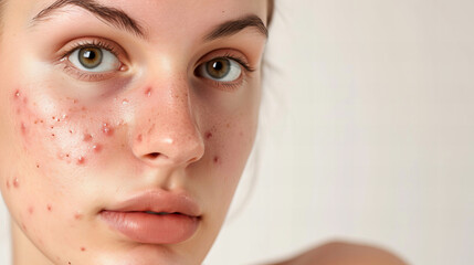 teenage woman with severe hormonal acne, closeup portrait