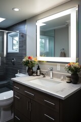 Modern bathroom with dark vanity, marble countertop, and bright LED mirror