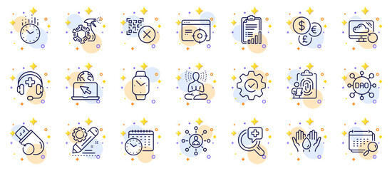Outline set of Recovery cloud, Safe water and Money currency line icons for web app. Include Networking, Flash memory, Calendar time pictogram icons. Checklist, Internet. Circles with 3d stars. Vector