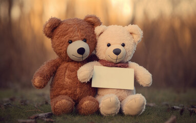 Two teddy bears with blank card in the forest at sunset