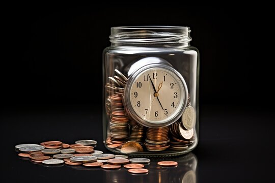 coins in a jar with clock