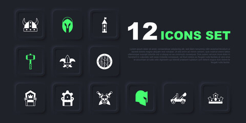 Set Medieval catapult, King crown, Fleur de lys or lily flower, helmet, Battle hammer, throne, and Skull with sword icon. Vector