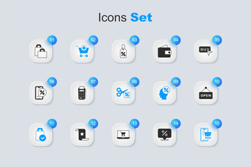 Set Discount percent tag, POS terminal, Add to Shopping cart, Paper shopping bag, Mobile with, Hanging sign text Open, and Scissors cuts discount coupon icon. Vector