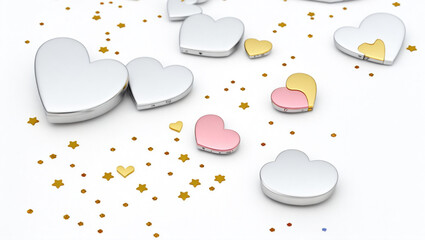 Nice background with cheerful silver, pink and gold shiny hearts.