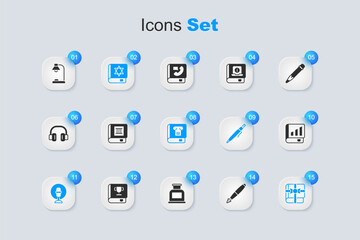 Set Fountain pen nib, Book, Jewish torah book, Microphone, as gift, Financial, Table lamp and History icon. Vector