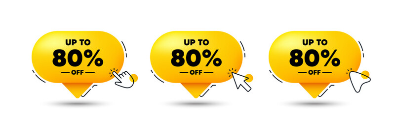 Up to 80 percent off sale. Click here buttons. Discount offer price sign. Special offer symbol. Save 80 percentages. Discount tag speech bubble chat message. Talk box infographics. Vector