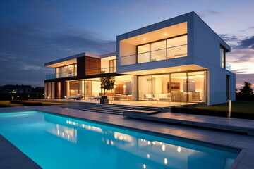 Modern house with pool at night