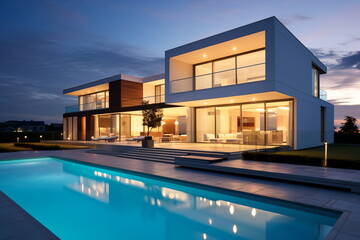 Fototapeta premium Modern house with pool at night