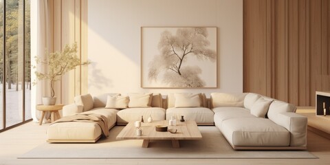 Warm beige interiors with hints of Japanese and Scandinavian flair. Modern Japandi living room design.