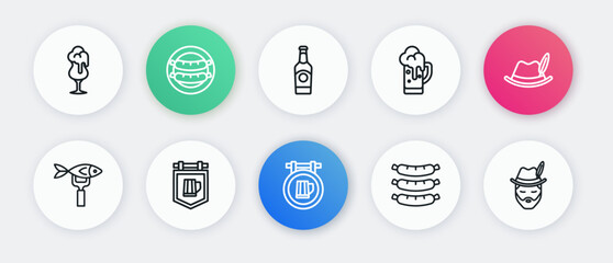 Set line Street signboard with beer, Oktoberfest hat, Dried fish, Sausage, Glass of, Beer bottle, man and icon. Vector